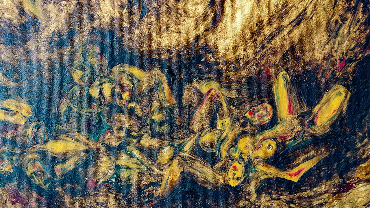 Obra de Luis Vargas Santa Cruz sobre la Guerra Sucia en Guerrero, con figuras humanas y tonos intensos que representan violencia y memoria histórica.