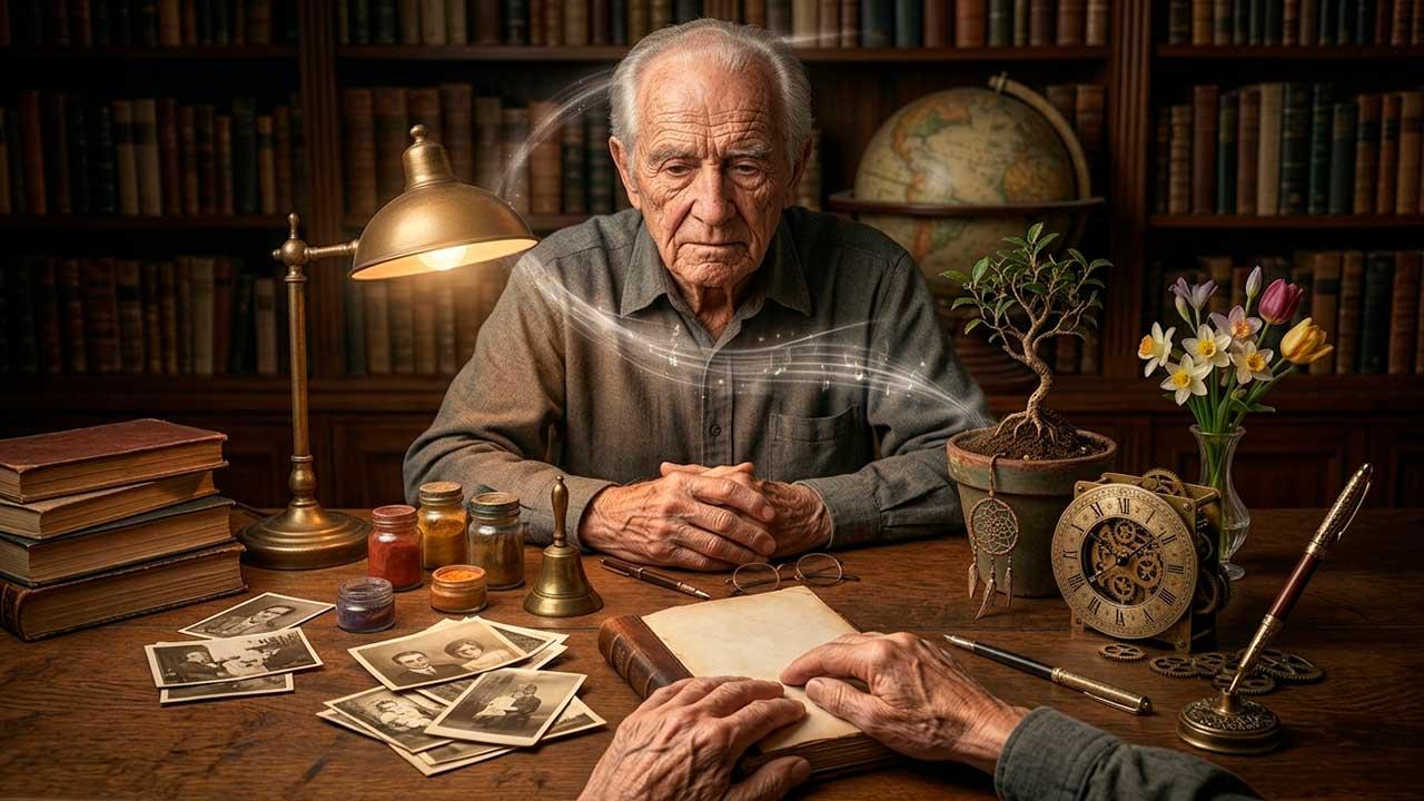 Fotografía hiperrealista en formato horizontal de un anciano en su estudio rodeado de libros, fotografías antiguas, un reloj vintage y plantas, con una sutil estela luminosa que conecta los elementos de su escritorio.