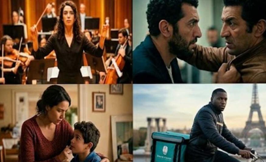 Un collage de cuatro paneles de fotogramas de películas que ilustran diversos temas. El panel superior izquierdo muestra a una directora de orquesta de pie frente a una orquesta completa. El panel superior derecho presenta un primer plano tenso de dos hombres de mediana edad cara a cara en un enfrentamiento. El panel inferior izquierdo muestra a una mujer con cabello recogido interactuando tiernamente con un niño joven en una escena doméstica. El panel inferior derecho presenta a un joven repartidor negro e